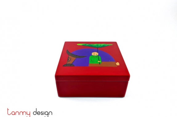Square red box with hand painted buffalo 15 cm
